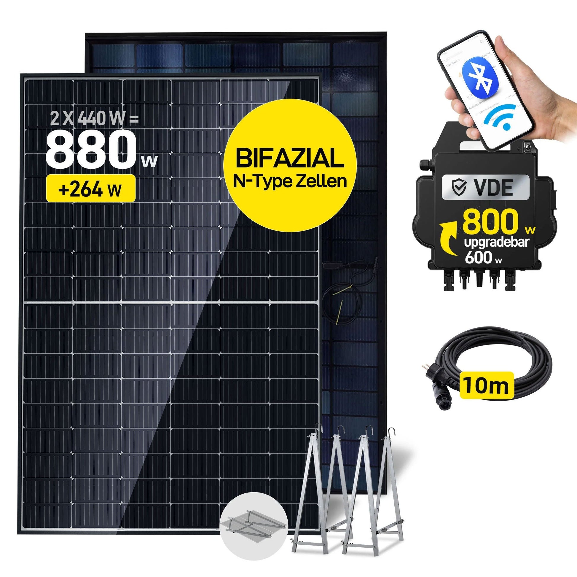 ALLDREI Komplettset Balkonkraftwerk mit 2x440W Bifazialer Glas-Glas Solarmodule, APsystems Wechselrichter EZ1-M, Kabel