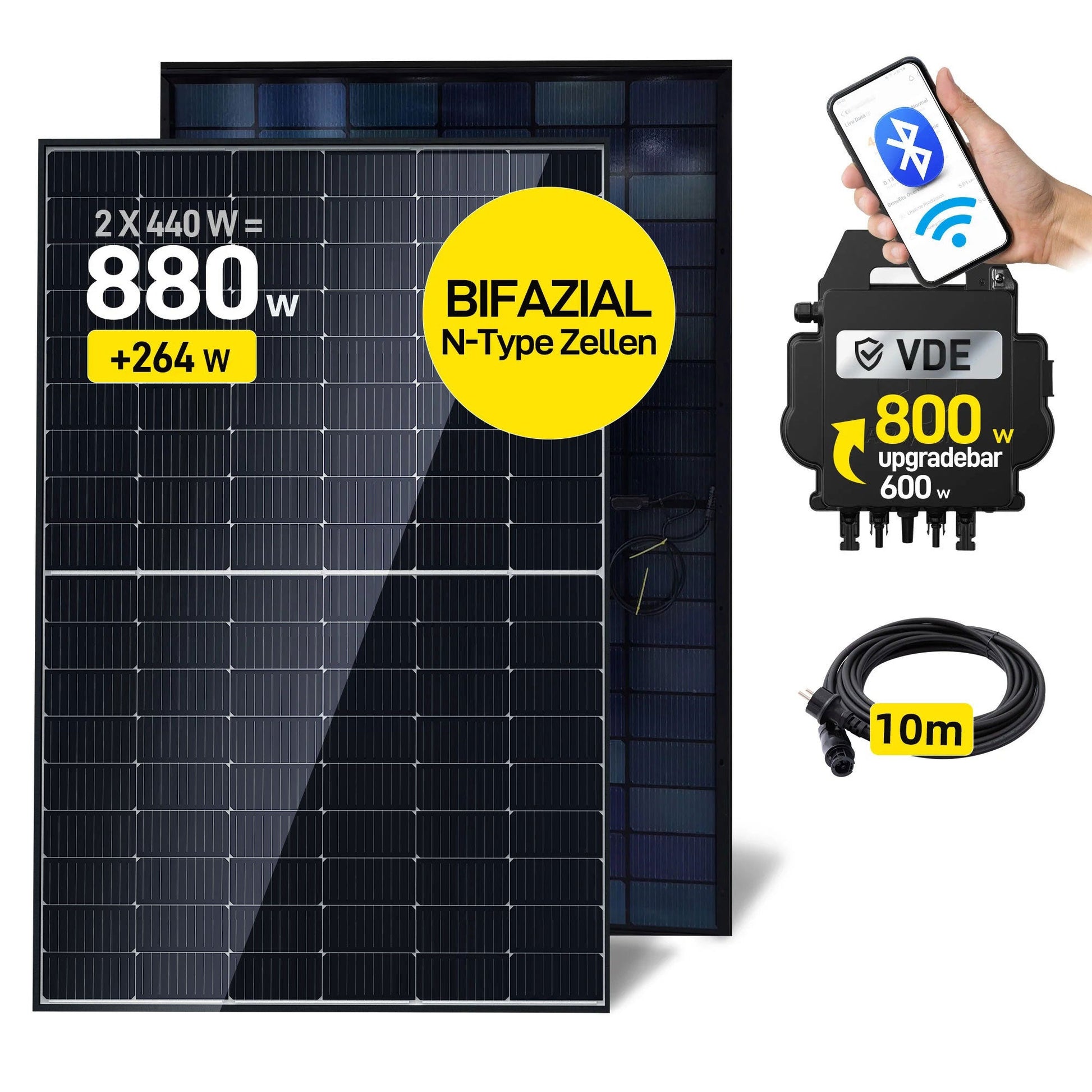 ALLDREI Komplettset Balkonkraftwerk mit 2x440W Bifazialer Glas-Glas Solarmodule, APsystems Wechselrichter EZ1-M, Kabel