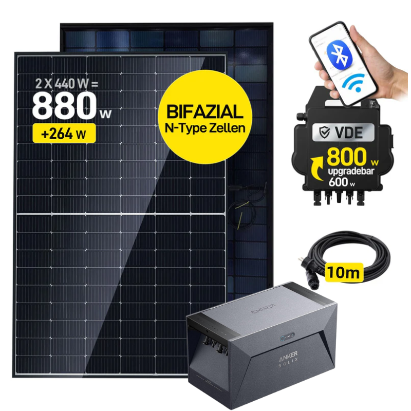 ALLDREI 2x440W Balkonkraftwerk mit  Anker SOLlX Solarbank E1600 und Kabel