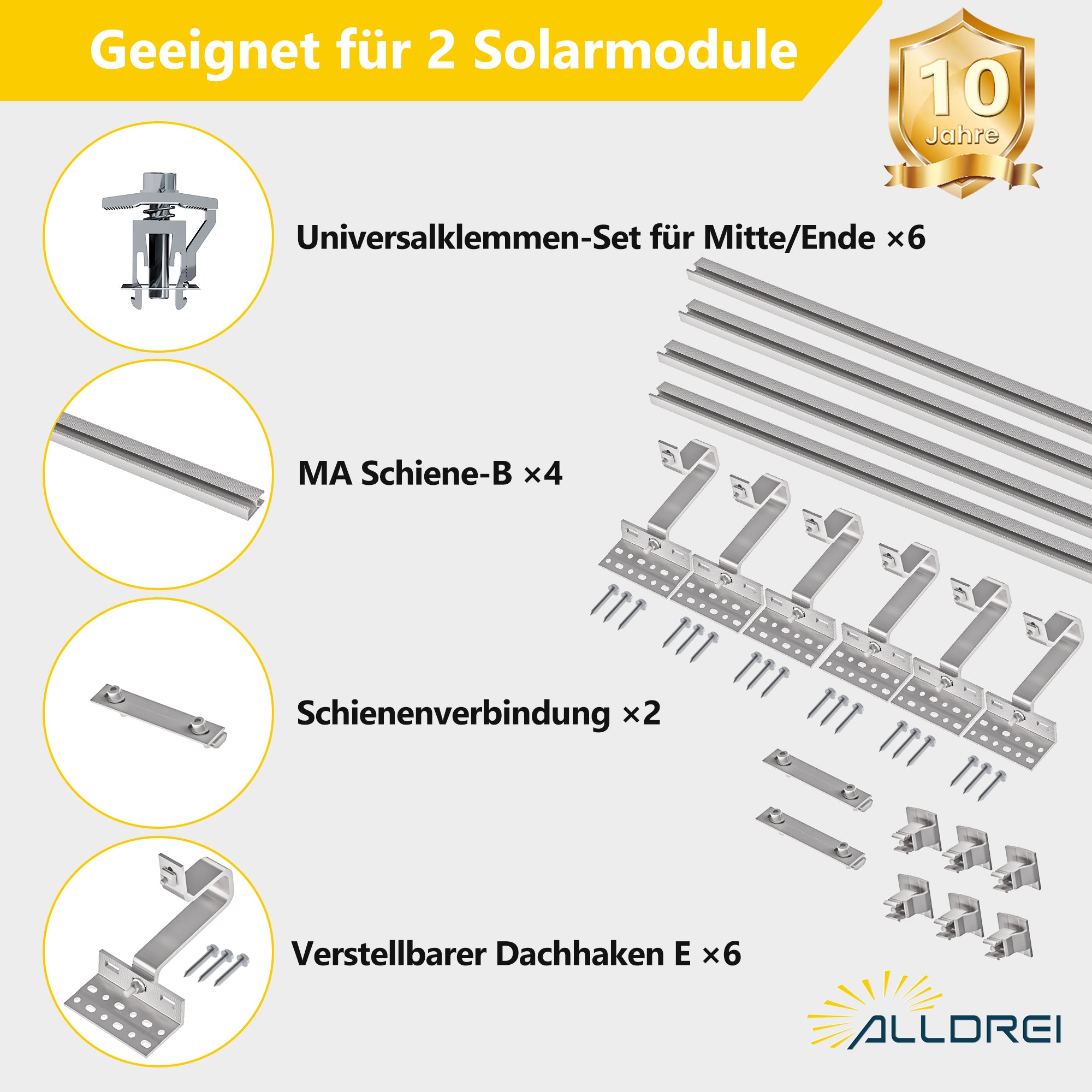 ALLDREI Halterung für Solarmodule auf Ziegeldach – Komplettset zur Befestigung von zwei Solarmodulen für Balkonkraftwerke