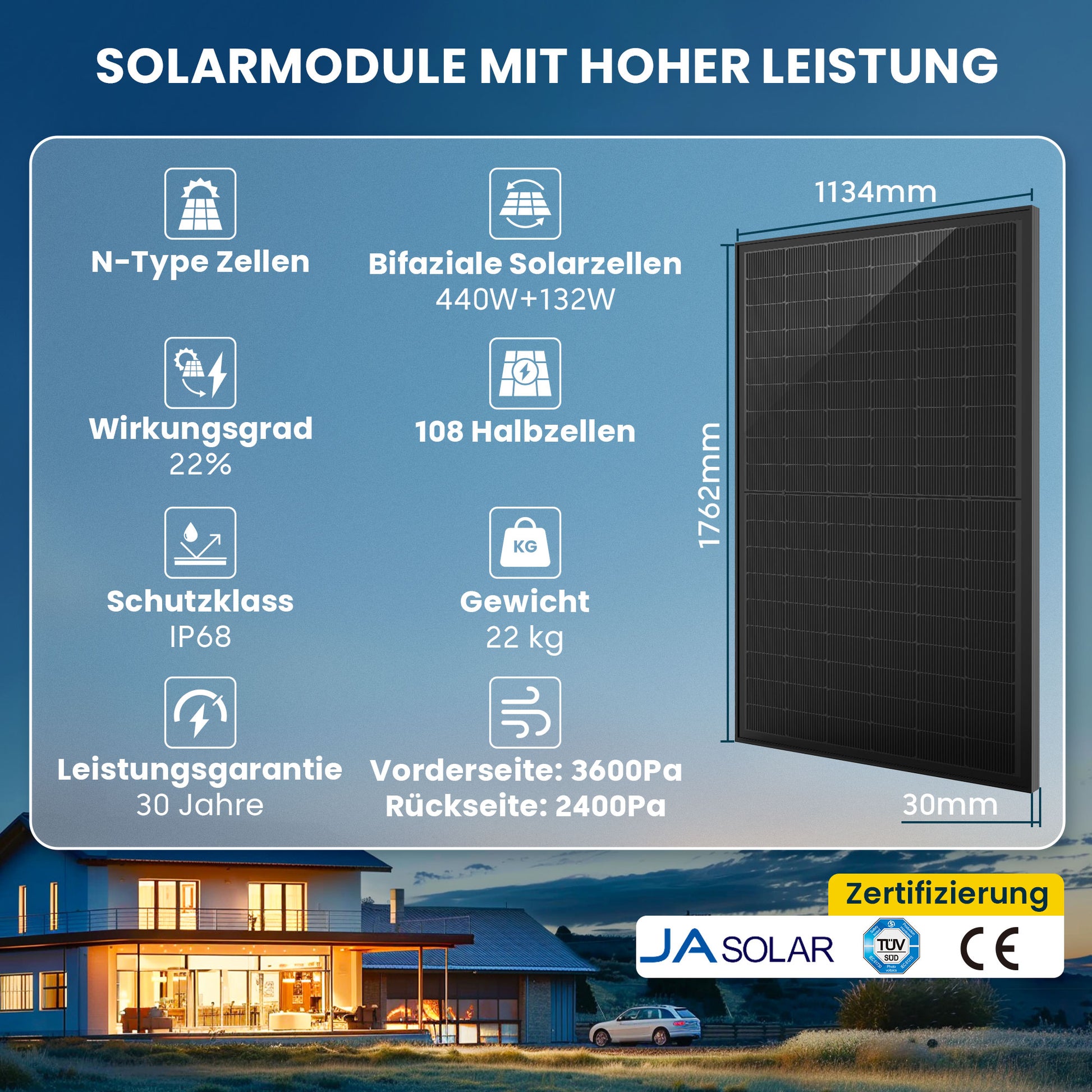 ALLDREI 440W Bifazialer Glas-Glas Solarmodule