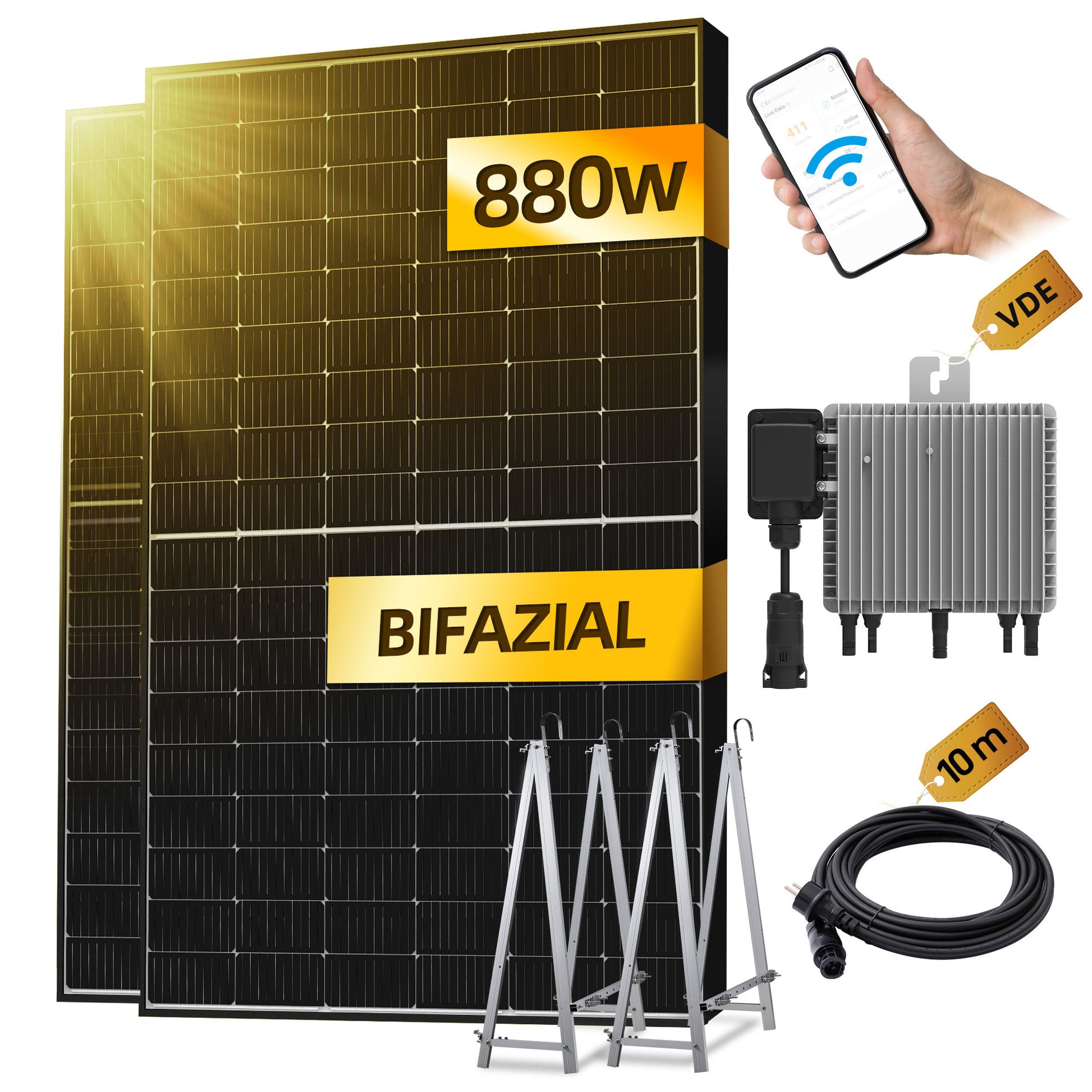 ALLDREI Balkonkraftwerk 880W mit 2x440W Bifazialer Glas Solarmodule, Deye Wechselrichter, Kabel