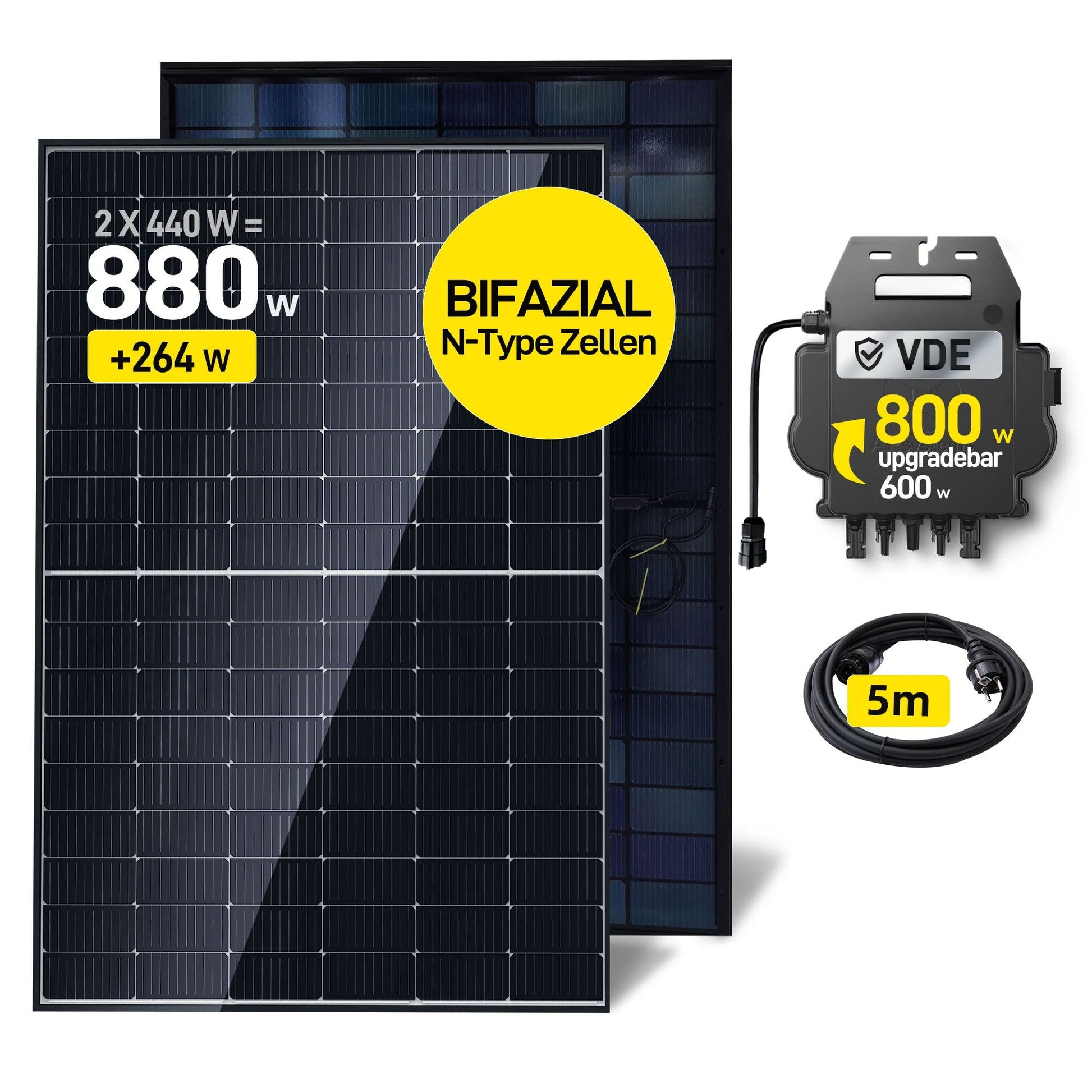 ALLDREI Komplettset Balkonkraftwerk mit 2x440W Bifazialer Glas-Glas Solarmodule, APsystems Wechselrichter EZ1-M, Kabel