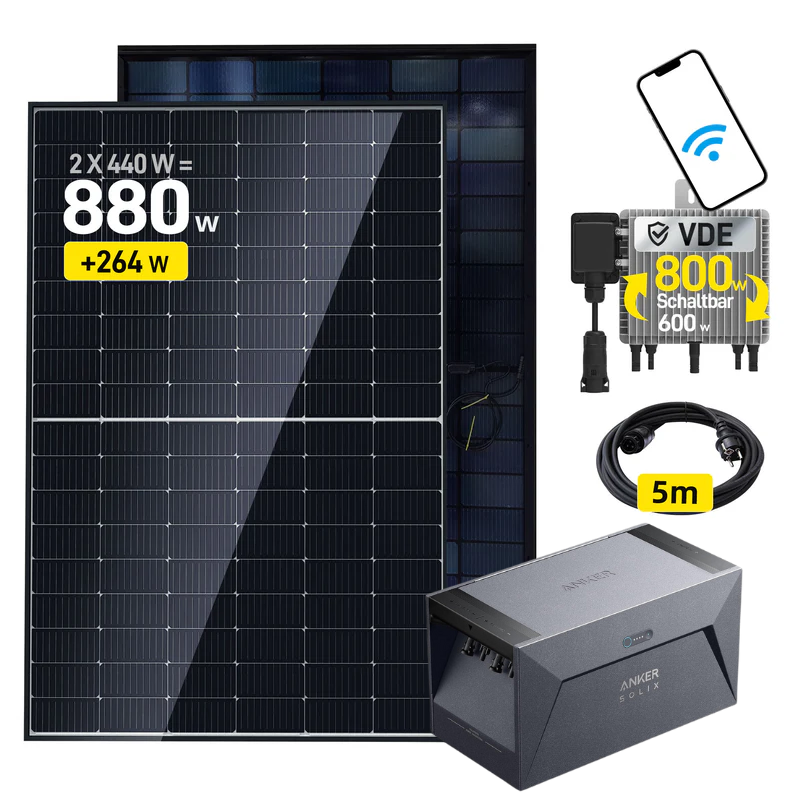 ALLDREI 2x440W Balkonkraftwerk mit  Anker SOLlX Solarbank E1600 und Kabel