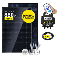 ALLDREI Komplettset Balkonkraftwerk mit 2x440W Bifazialer Glas-Glas Solarmodule, APsystems Wechselrichter EZ1-M, Kabel