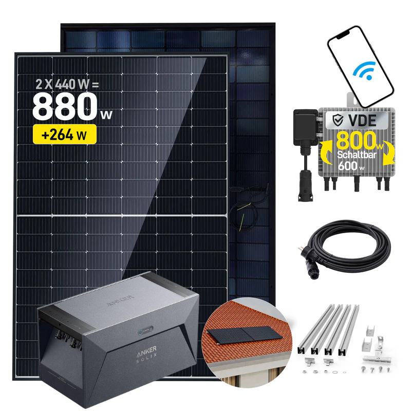 ALLDREI 2x440W Balkonkraftwerk mit  Anker SOLlX Solarbank E1600 und Kabel